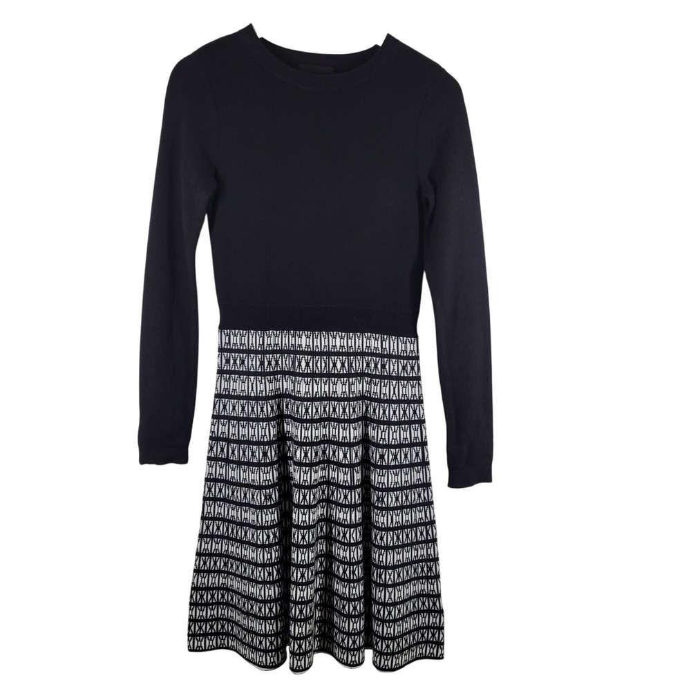 Cynthia Rowley Sweater Dress Womens XS Black White‎ Geometric Long Sleeve Knit